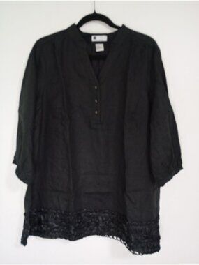 Carole Little Womens Black Linen Top Tunic Lace Hem & Button Detail Size 1X